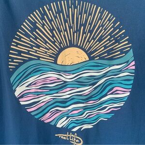 Reel Life (XXL) Long Sleeve Blue Tee with Sun and Waves Graphic